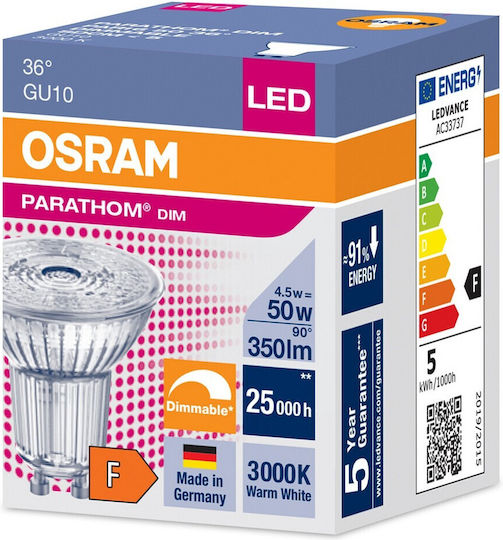 Osram LED Bulb 4.5W for Socket GU10 and Shape PAR16 Warm White 350lm