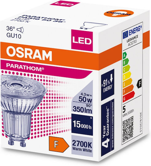 Osram Bec LED 4.3W pentru Soclu GU10 și Formă PAR16 Alb cald 350lm