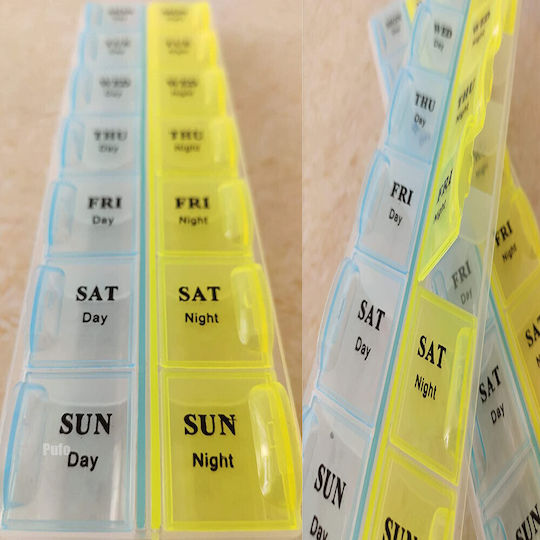 Cute Puffy Organizer Medications Vitamins Supplements Week Two Compartments Per Day Blue Yellow