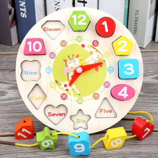 Jucărie educativă Flippy tip Montessori model girafă ceas din lemn + 36 luni 12 piese 17 cm multicolor