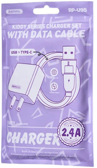 Remax с USB-A порт и кабел USB-C 12W Бял (RP-U95 Kiddy)