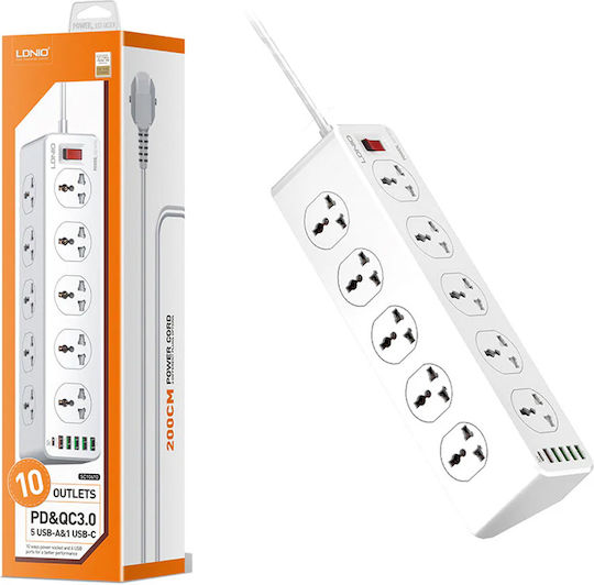 Πολύπριζο 10 Θέσεων με 5 USB-A, USB-C, Διακόπτη και Καλώδιο 2m Αγγλίας (Type G)