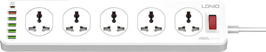 Πολύπριζο 10 Θέσεων με 5 USB-A, USB-C, Διακόπτη και Καλώδιο 2m Αγγλίας (Type G)