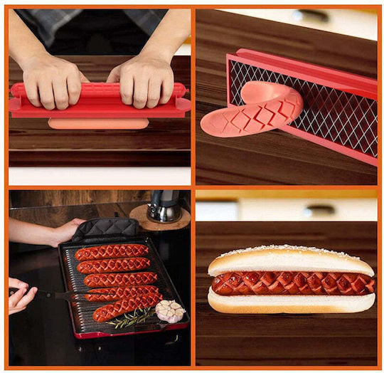 Feliator manual pentru hot dog Flippy, tăietor manual pentru cârnați hot dog, potrivit pentru grătar, 29,5 x 6,5 cm, din oțel inoxidabil ABS, roșu