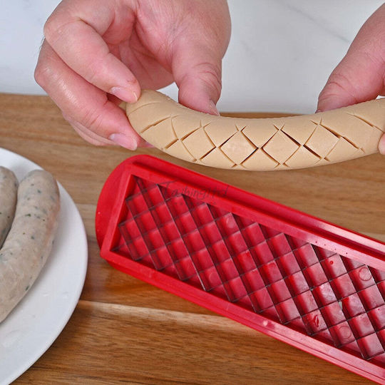 Feliator manual pentru hot dog Flippy, tăietor manual pentru cârnați hot dog, potrivit pentru grătar, 29,5 x 6,5 cm, din oțel inoxidabil ABS, roșu