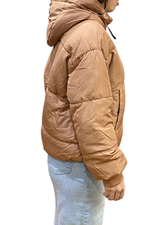Women's Short Puffer Jacket for Winter with Hood Beige