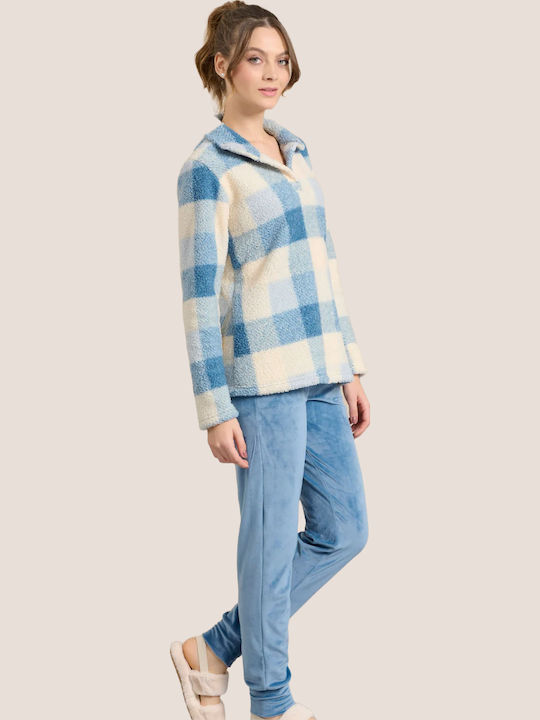 Jeannette Lingerie Χειμερινό Γυναικείο Σετ Πιτζάμας Fleece Σιελ