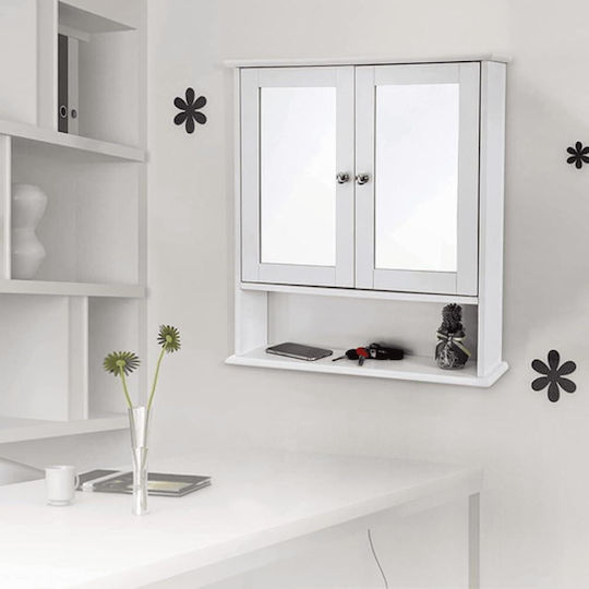 Dulap de baie montat pe perete MDF cu oglindă, 3 rafturi, 2 uși, alb, 56x13x58 cm Mercaton