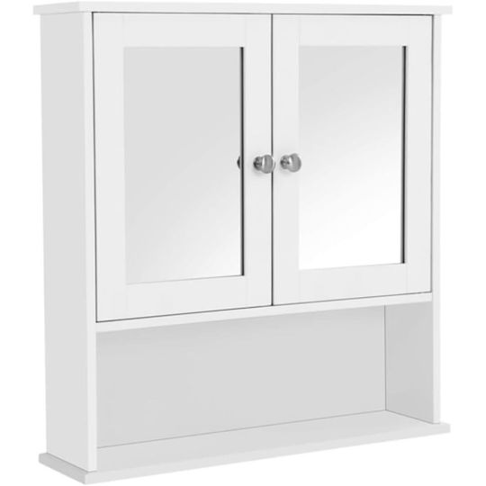 Dulap de baie montat pe perete MDF cu oglindă, 3 rafturi, 2 uși, alb, 56x13x58 cm Mercaton