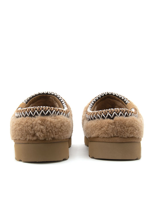 Tasman Maxi Curly Leather Winter Women's Slippers Brown