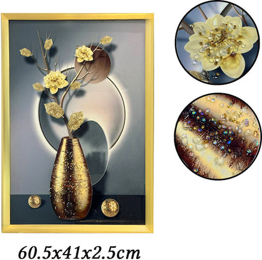 Tablou cu Ramă Aurie Design Flori Galbene în Vază Pietre Reliefate Tip Diamant 60.5x41x2.5cm