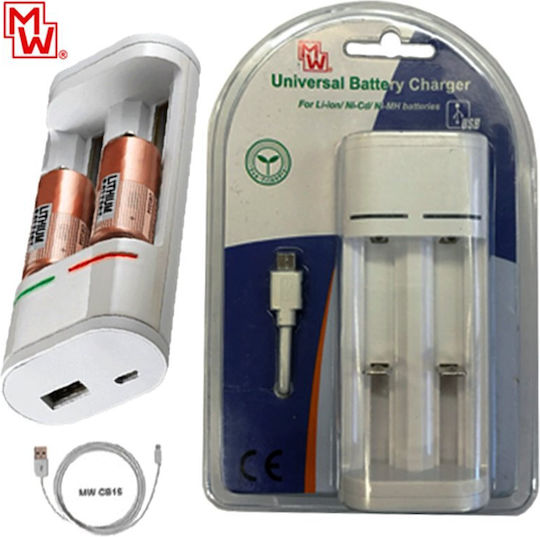 Minwa MW-I319 USB Φορτιστής 2 Μπαταριών Li-ion/Ni-MH/Ni-Cd Μεγέθους AA σε Λευκό χρώμα