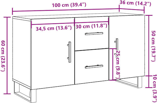 Sideboard made of Wood & Metal with Drawers Coffee 100x36x60cm