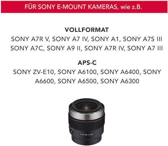 Samyang Full Frame Φωτογραφικός Φακός V-AF T 1,9/20 FE Σταθερός για Sony FE Mount Μαύρος