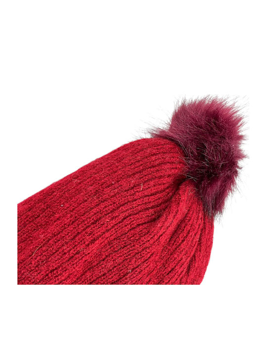 Pom Pom Beanie Γυναικείος Σκούφος Πλεκτός σε Μπορντό χρώμα