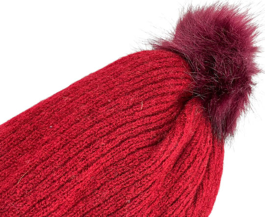 Pom Pom Beanie Γυναικείος Σκούφος Πλεκτός σε Μπορντό χρώμα