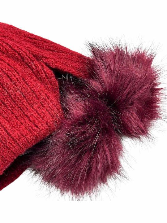 Pom Pom Beanie Γυναικείος Σκούφος Πλεκτός σε Μπορντό χρώμα