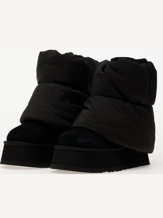 Classic Mini Dipper Puffer Suede Women's Ankle Boots with Fur Black