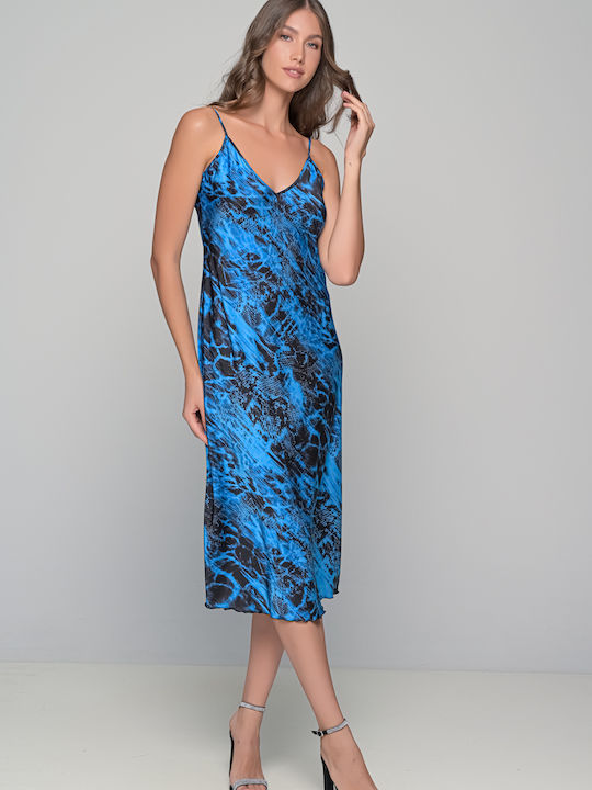 Milena by Paris Winter Satin Women's Nightdress with String Blue-black, Blue