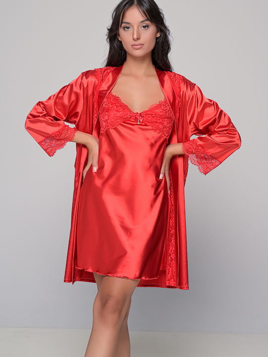 Milena by Paris Winter Women's Satin Robe with Nightdress Red