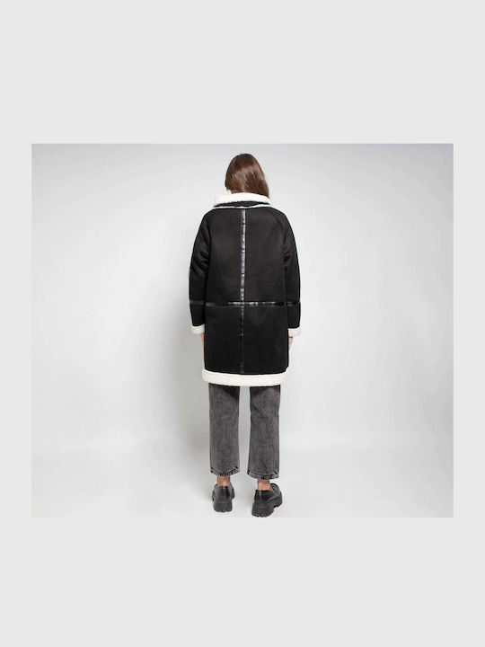 Sherpa Women's black Coat Oversized with Zipper