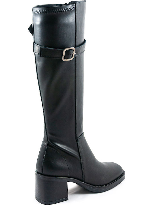 Leather Medium Heel Women's Boots with Zipper Black