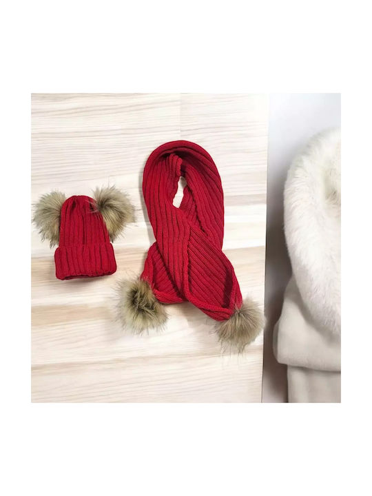 Pugi Kids Beanies Set with Scarf Knitted Red