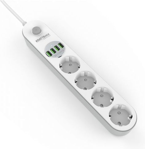 Kraft & Dele Bandă de alimentare 4 Prize cu 4 USB-A, Comutator și Cablu 2m