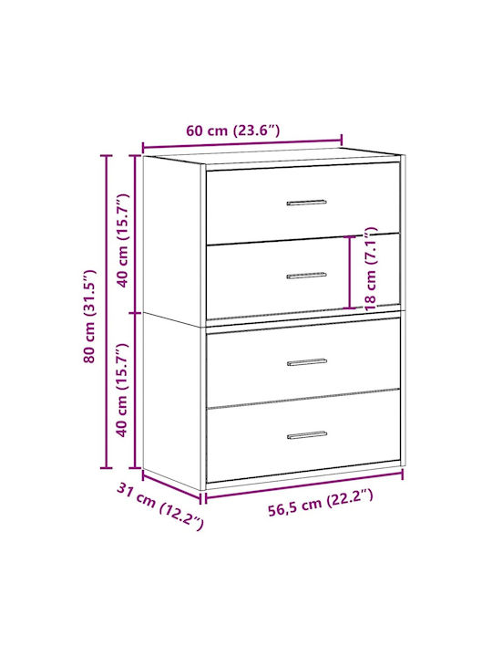 Wooden Chest of Drawers with 4 Drawers White 60x31x60cm