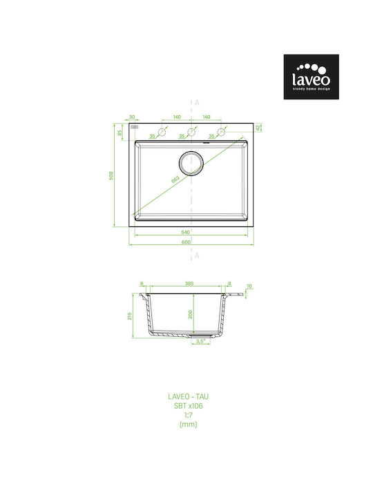 Laveo Drop-In Мивка от Синтетичен Гранит Ш60xД50см Черен