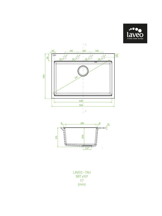 Laveo Drop-In Sink Synthetic Granite W70xD50cm Black