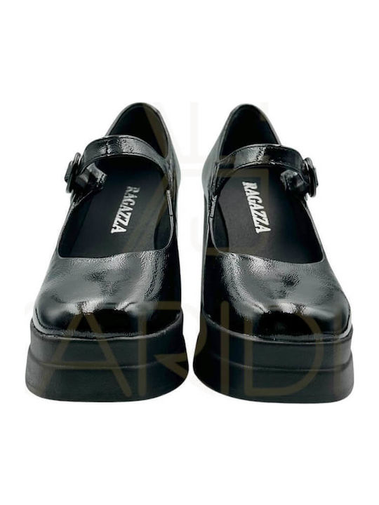 Heels With Platform Patent Leather With Strap & Chunky High Heel Black