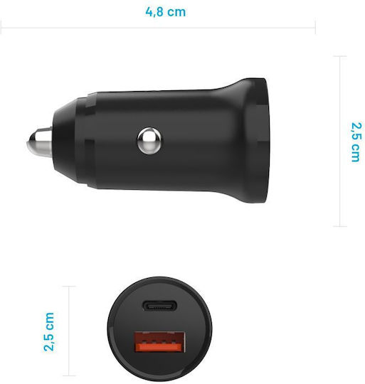 Fixed Auto-Ladegerät 20W mit Anschlüssen 1xUSB-A 1xUSB-C Schwarz Farbe