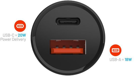 Fixed Auto-Ladegerät 20W mit Anschlüssen 1xUSB-A 1xUSB-C Schwarz Farbe