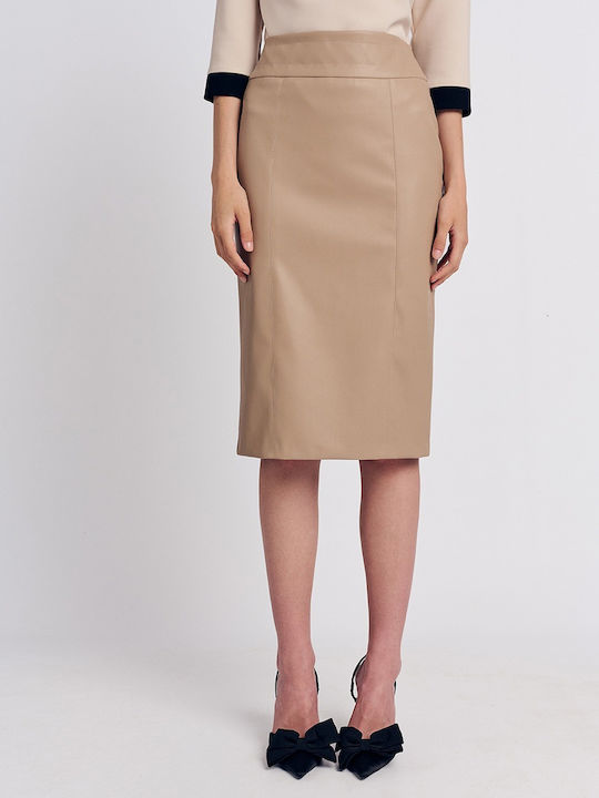 Forel Leather Pencil High-waisted Skirt in Beige Color