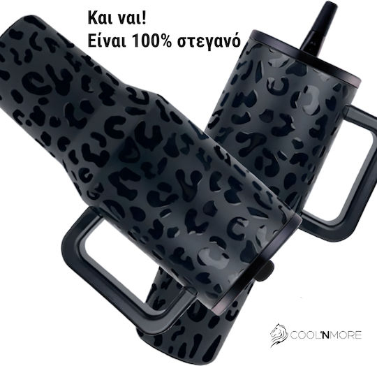 Cool'NMore Чаша С Дръжка Термос Неръждаема Стомана Без BPA 1лт Glamour Черен С Дръжка И Сламка