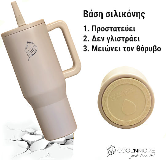 Cool'NMore Traveller Tumbler Handled Tumbler Thermos Stainless Steel BPA Free 1lt Tan Beige with Straw and Handle