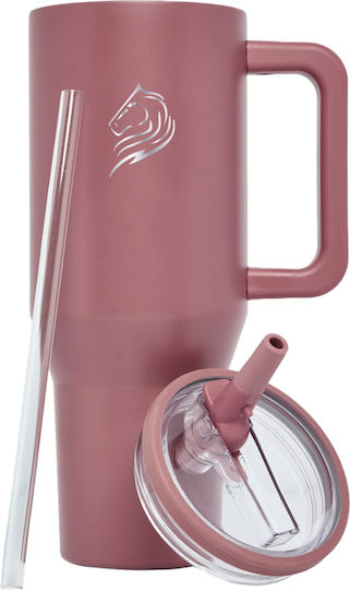 Cool'NMore Traveller Tumbler Handled Tumbler Thermos Stainless Steel BPA Free 1lt Smoke Pink with Straw and Handle 6523362