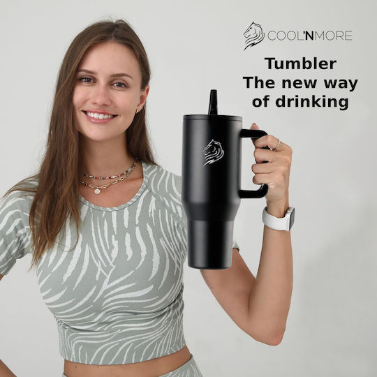 Cool'NMore Traveller Tumbler Handled Tumbler Thermos Stainless Steel BPA Free 1lt Obsidian Black with Straw and Handle