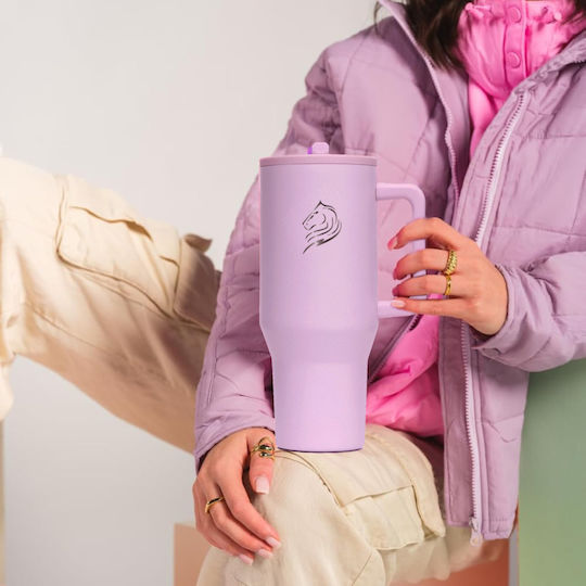 Cool'NMore Traveller Tumbler Handled Tumbler Thermos Stainless Steel BPA Free 1lt Iris Purple with Straw and Handle