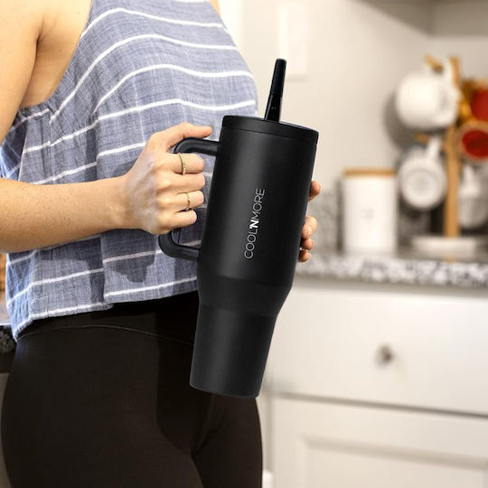 Cool'NMore Traveller Tumbler Handled Tumbler Thermos Stainless Steel BPA Free 1lt Obsidian Black with Straw and Handle