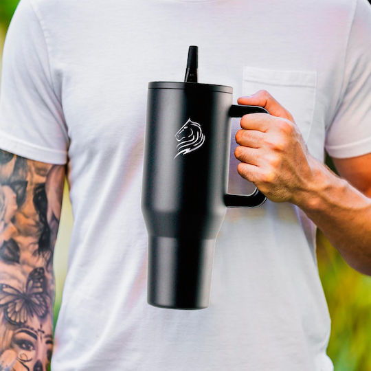 Cool'NMore Traveller Tumbler Handled Tumbler Thermos Stainless Steel BPA Free 1lt Obsidian Black with Straw and Handle