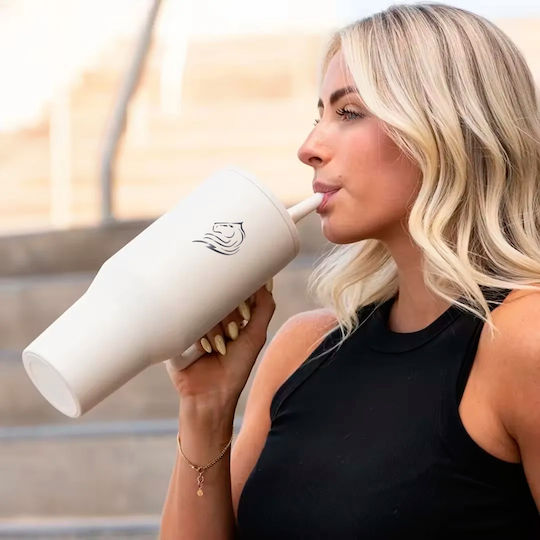 Cool'NMore Traveller Tumbler Handled Tumbler Thermos Stainless Steel BPA Free 1lt Cream with Straw and Handle