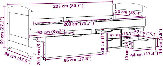 IRUN Pat pentru Copii Single cu Spațiu de Depozitare Alb pentru Saltea 90x200cm