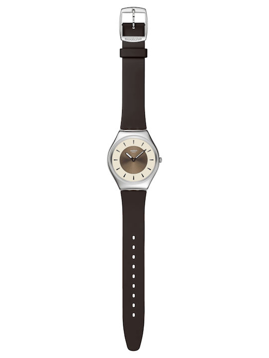 Swatch Swatch Γυναικείο Ρολόι Μπαταρίας με Καφέ Καουτσούκ Λουράκι