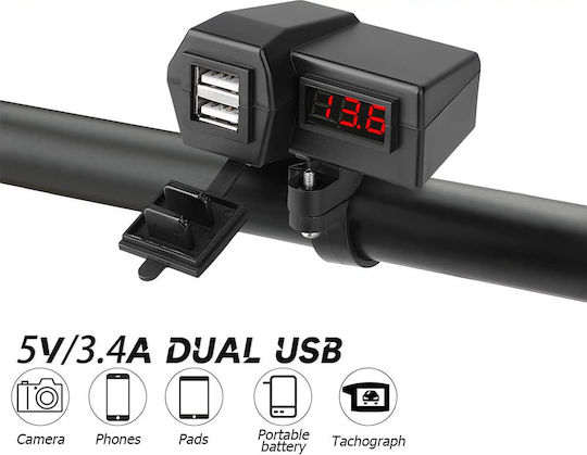Motorcycle Charger Fast Charging with Ports: 2xUSB with Voltmeter 1110-56