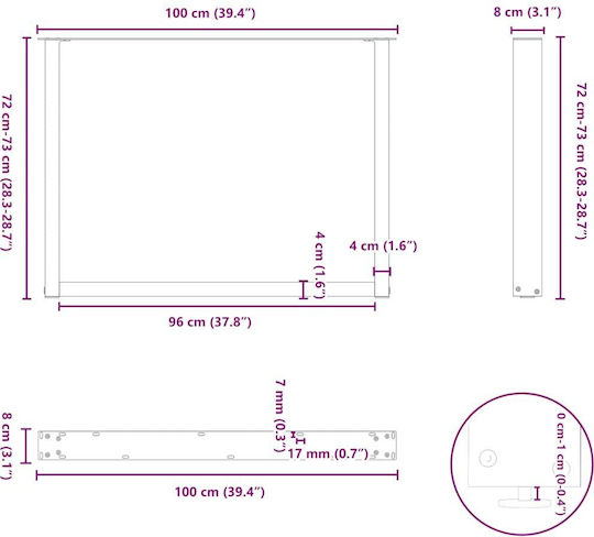 vidaXL Metallic Furniture Leg 2 Pieces Suitable for Table / Coffee Table / Office 100x72cm White