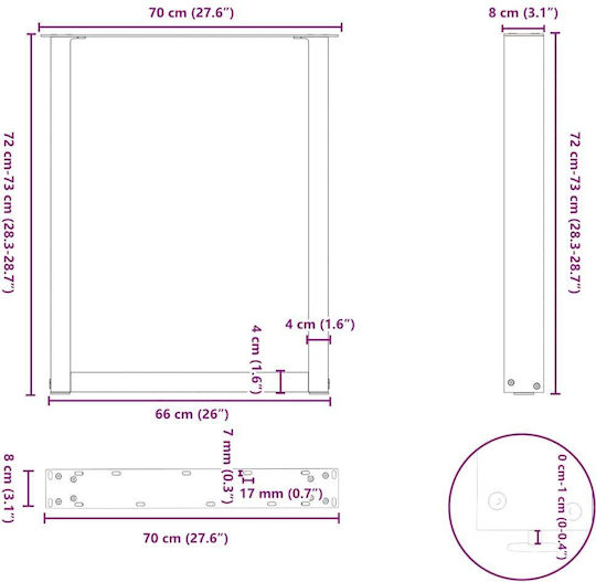 vidaXL Metallic Furniture Leg 3 Pieces Suitable for Table / Coffee Table / Office 70x72cm White