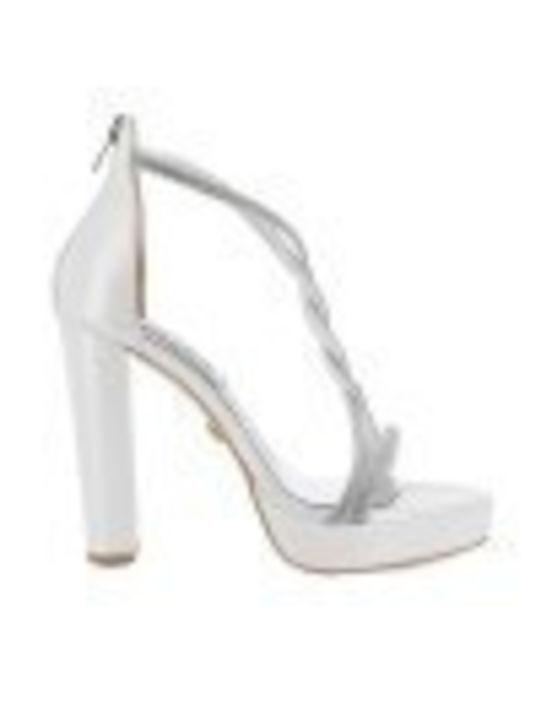 Guy Laroche Platform Leather Women's Sandals with Strass White with High Heel