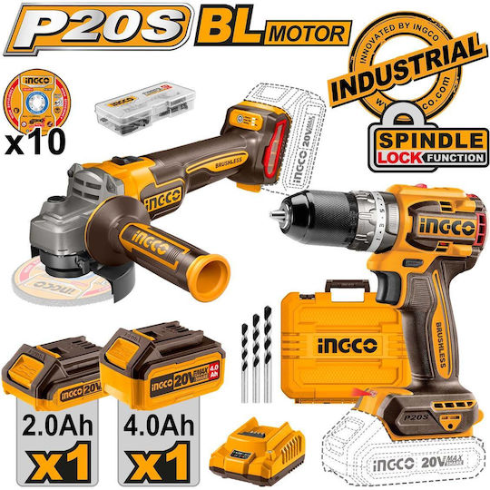 Ingco Set Angle Wheel & Drill Driver Brushless 20V with 2 Batteries 4Ah - 2Ah and Case